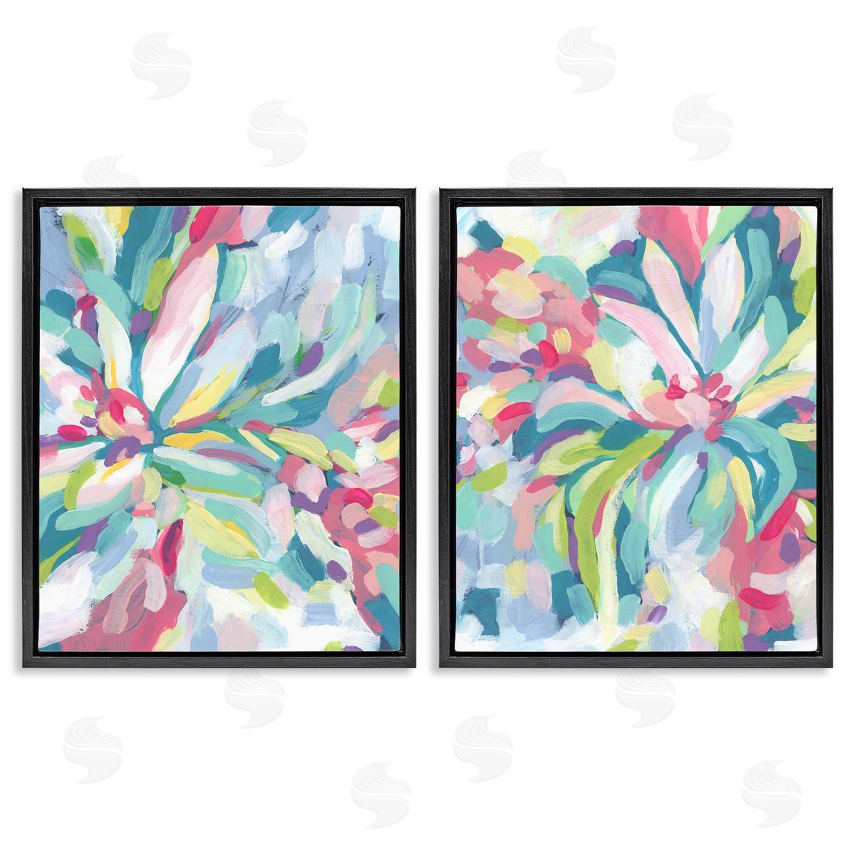 Pastel Whimsy Flower Pattern Black Floating Frame Canvas Wall Art, Home Decor by June Erica Vess