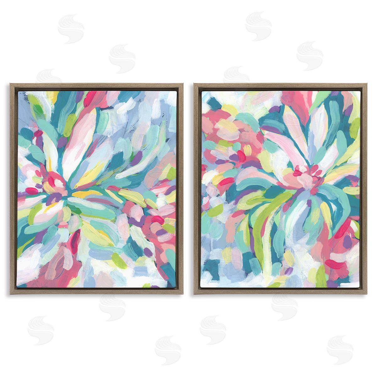 Pastel Whimsy Flower Pattern Brown Floating Frame Canvas Wall Art, Home Decor by June Erica Vess