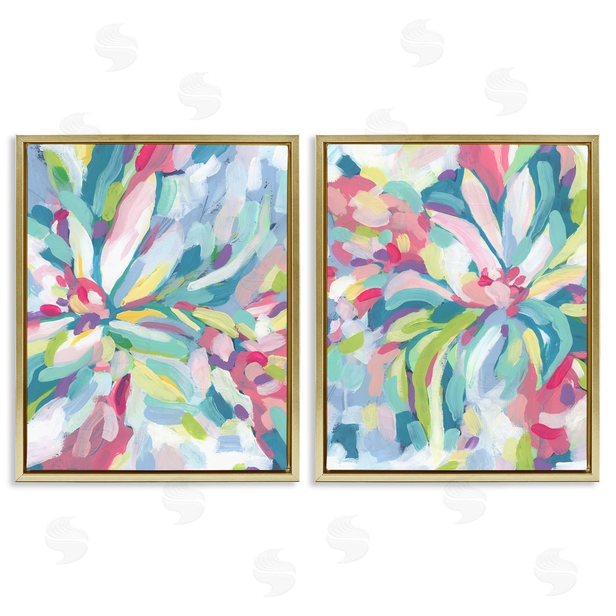 Pastel Whimsy Flower Pattern Gold Floating Frame Canvas Wall Art, Home Decor by June Erica Vess
