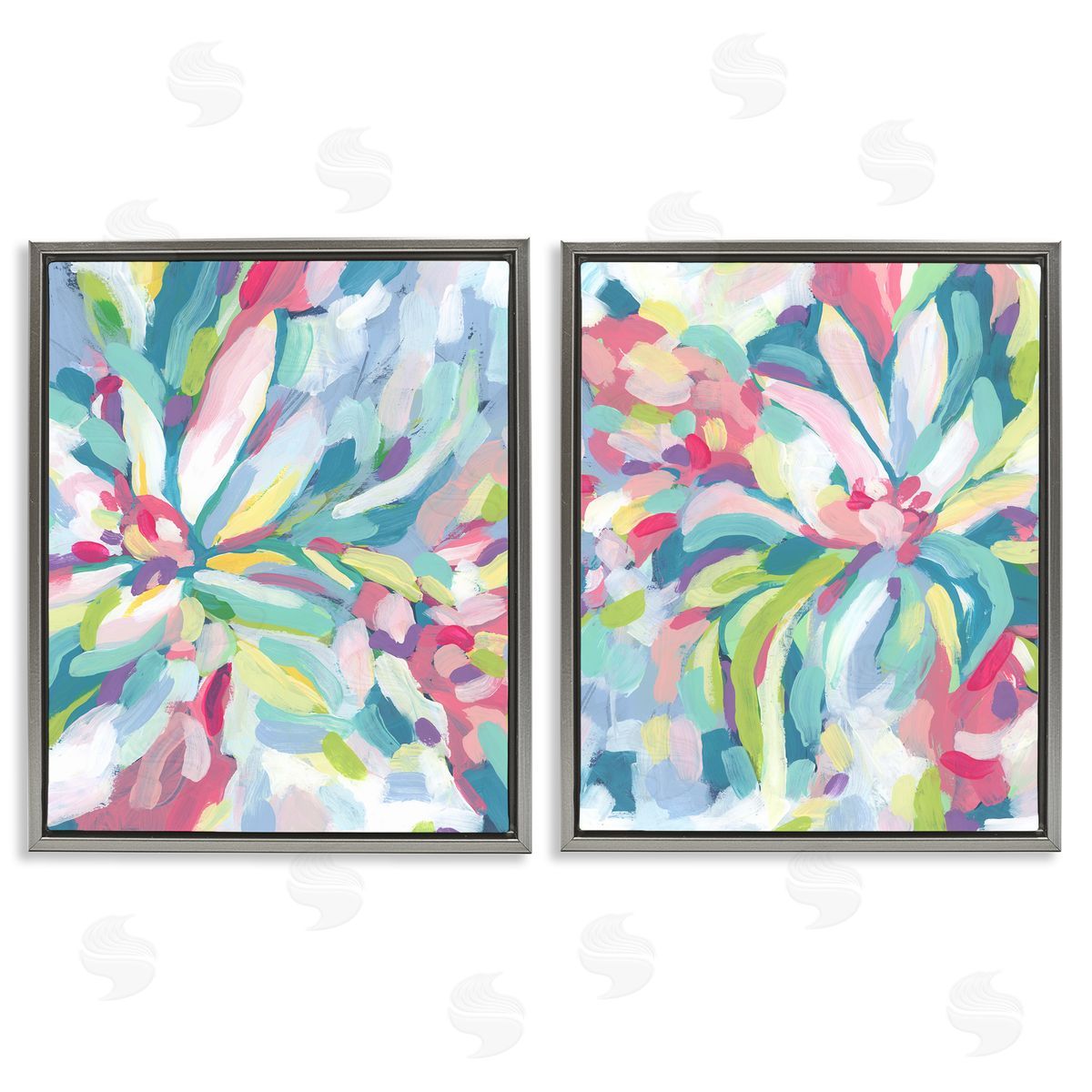 Pastel Whimsy Flower Pattern Grey Floating Frame Canvas Wall Art, Home Decor by June Erica Vess