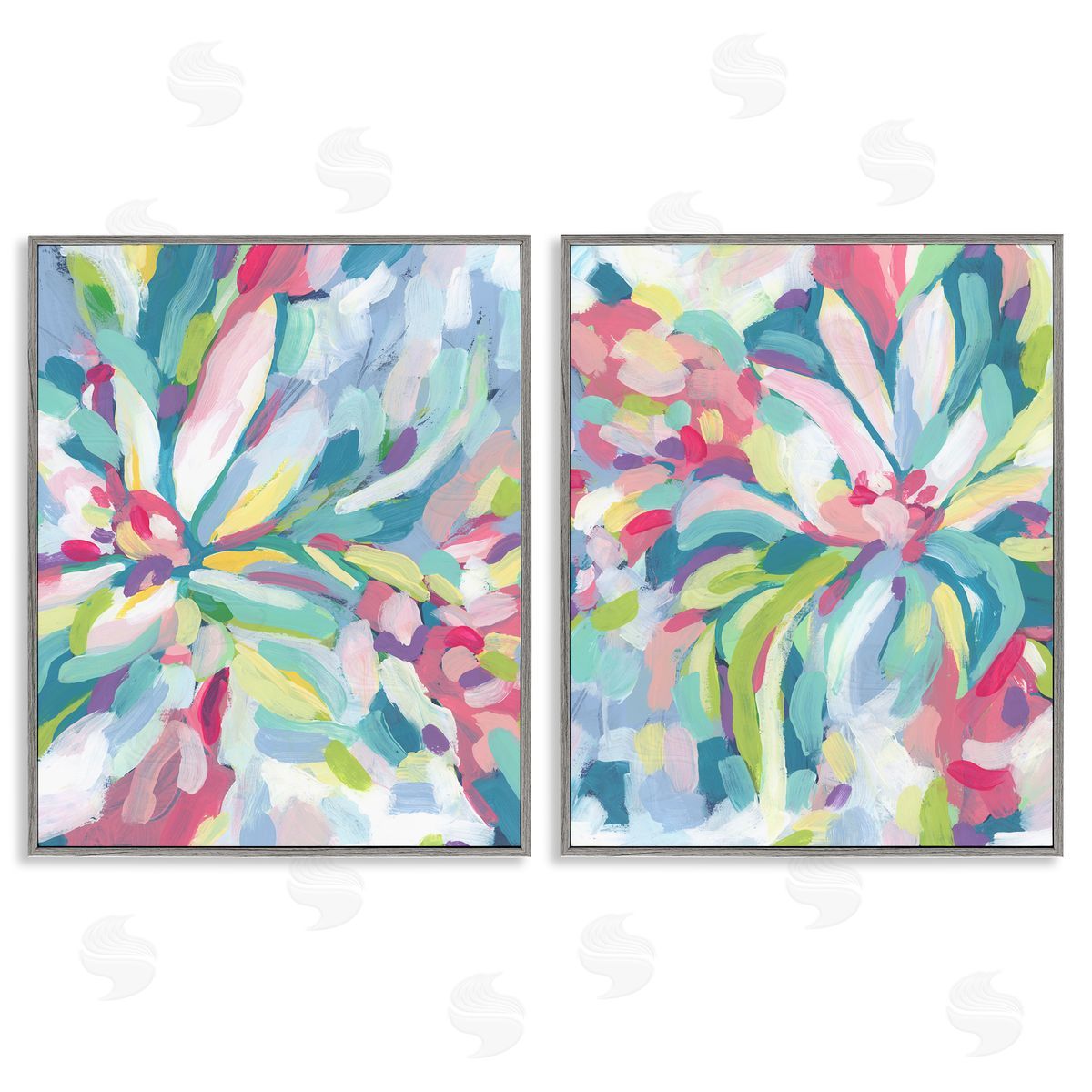 Pastel Whimsy Flower Pattern Grey Frame Print Wall Art, Home Decor by June Erica Vess