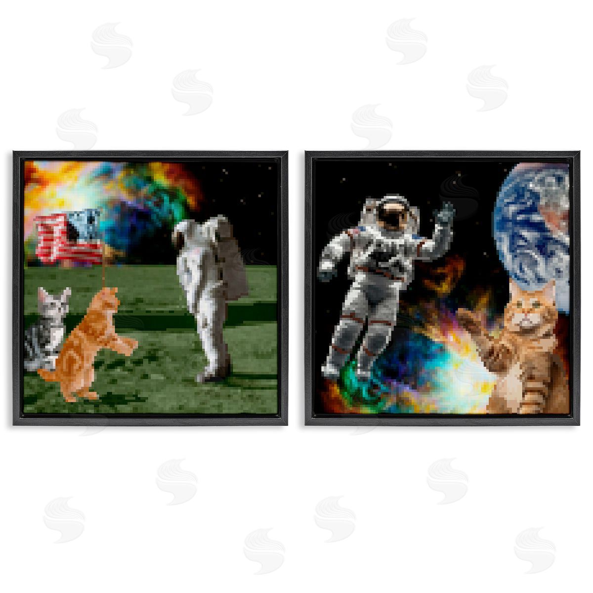 Cats & Astronauts in Space Black Floating Frame Canvas Wall Art, Home Decor by June Erica Vess