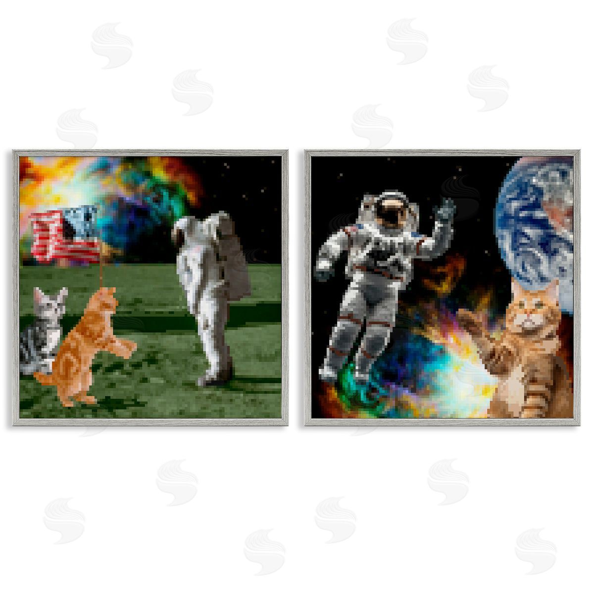 Cats & Astronauts in Space Grey Frame Print Wall Art, Home Decor by June Erica Vess