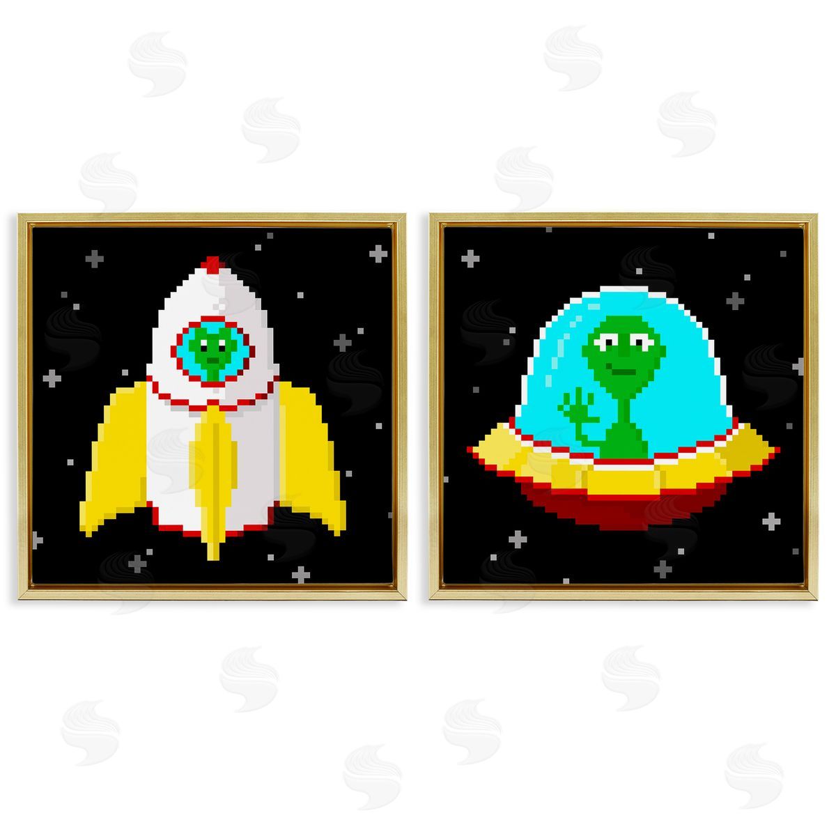 Pixel Alien Spaceships Gold Floating Frame Canvas Wall Art, Home Decor by June Erica Vess