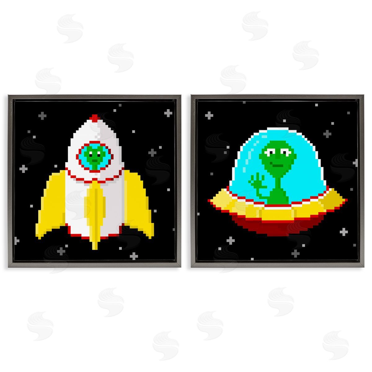 Pixel Alien Spaceships Grey Floating Frame Canvas Wall Art, Home Decor by June Erica Vess