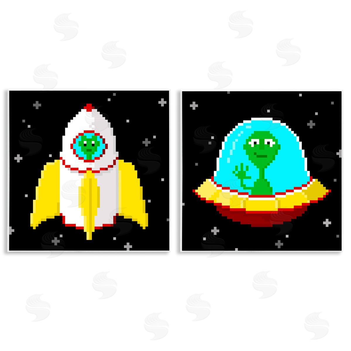 Pixel Alien Spaceships Wood Plaque Wall Art, Home Decor by June Erica Vess