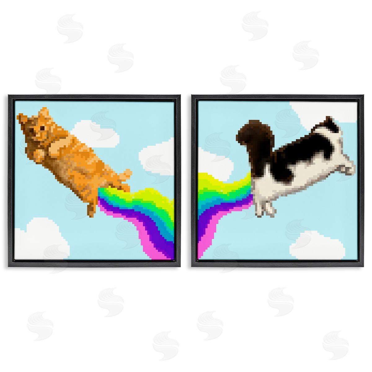 Pixel Cats with Rainbows Black Floating Frame Canvas Wall Art, Home Decor by June Erica Vess