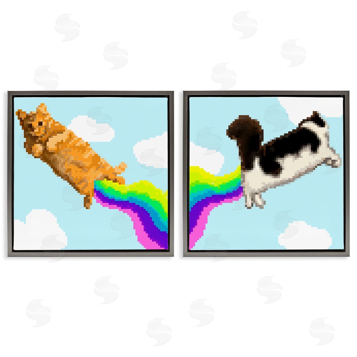 Pixel Cats with Rainbows Grey Floating Frame Canvas Wall Art, Home Decor by June Erica Vess