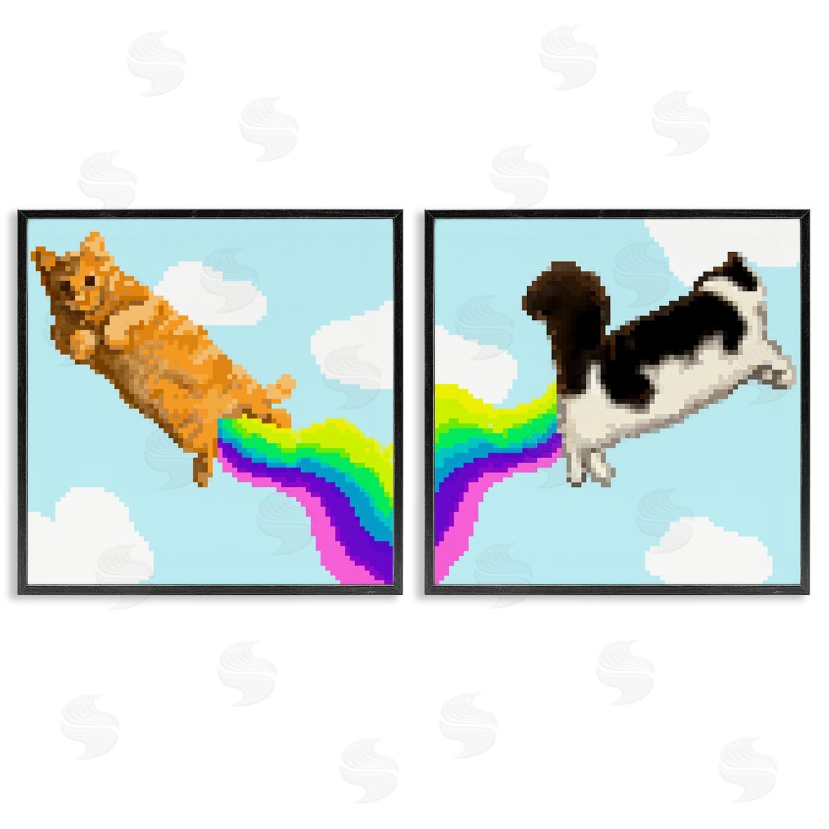 Pixel Cats with Rainbows Black Frame Print Wall Art, Home Decor by June Erica Vess
