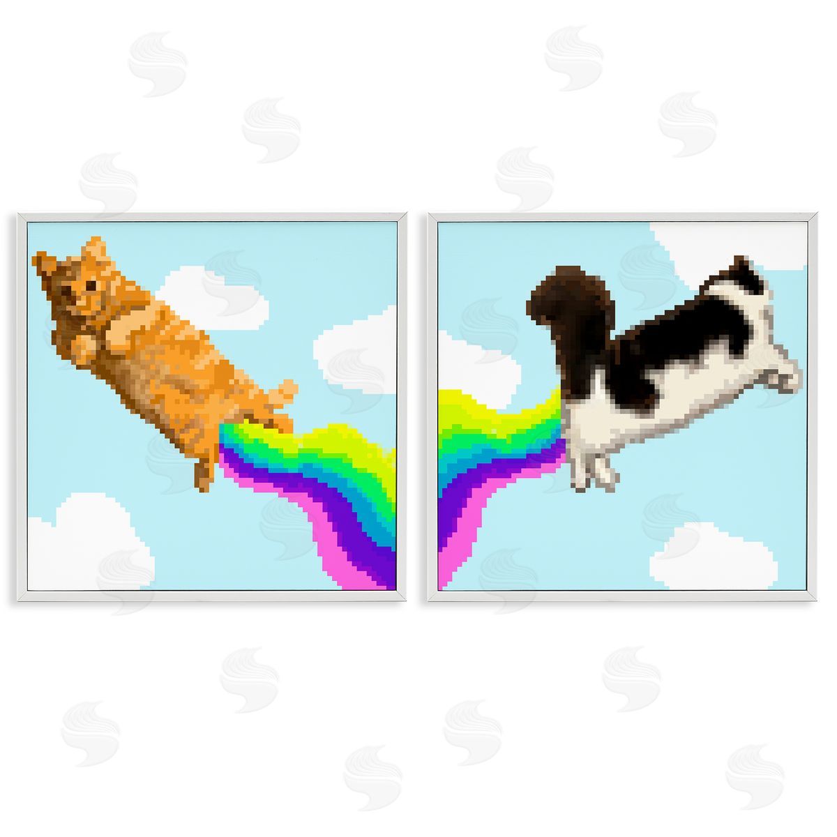Pixel Cats with Rainbows White Frame Print Wall Art, Home Decor by June Erica Vess