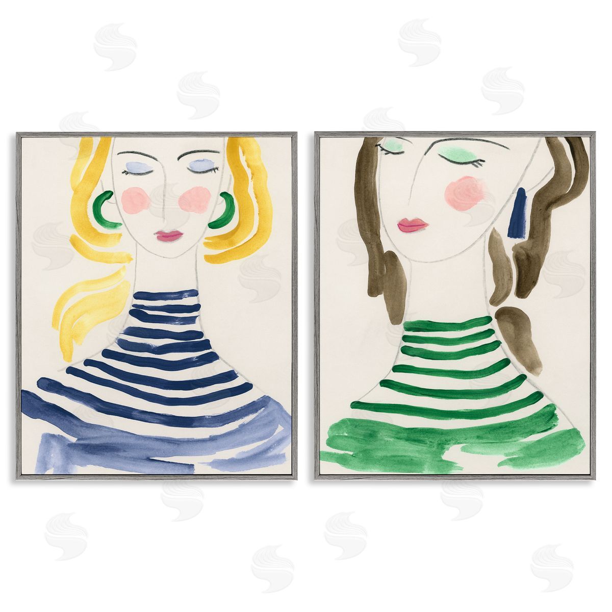 Stylish Ladies in Stripes Grey Frame Print Wall Art, Home Decor by June Erica Vess