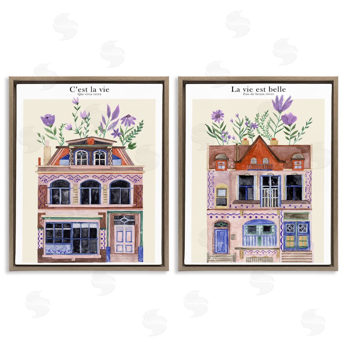 Floral Houses Architecture Brown Floating Frame Canvas Wall Art, Home Decor by Melissa Wang