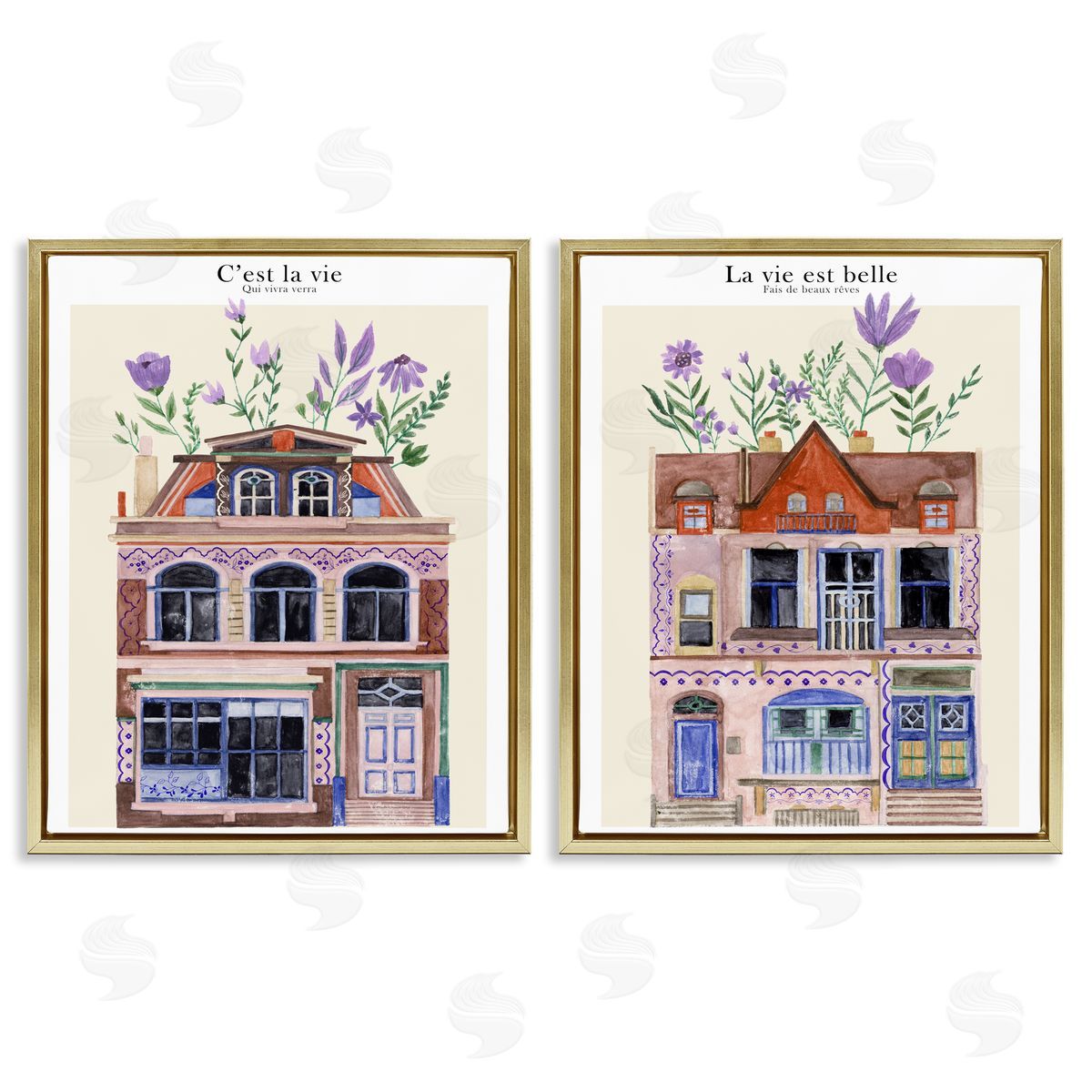 Floral Houses Architecture Gold Floating Frame Canvas Wall Art, Home Decor by Melissa Wang