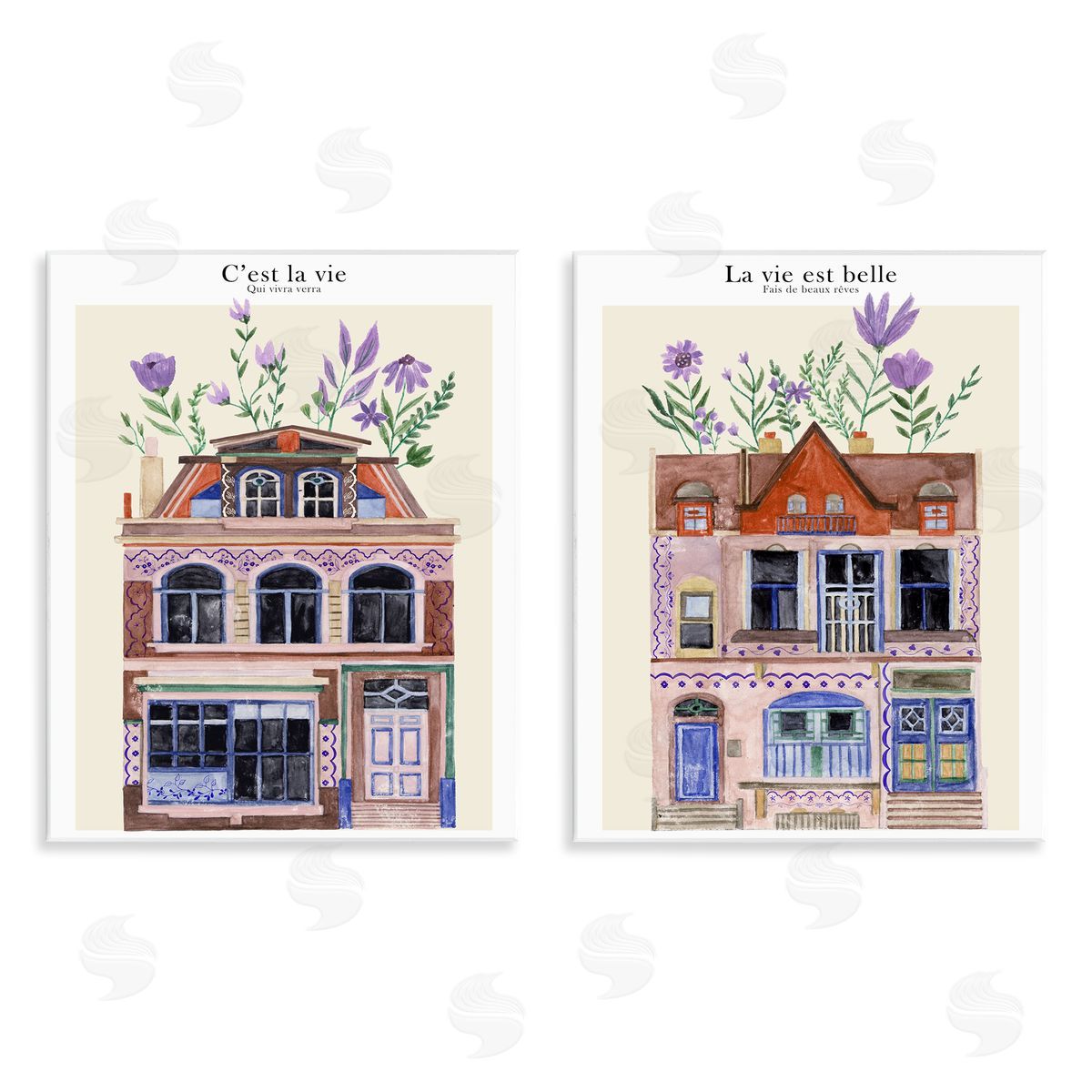 Floral Houses Architecture Wood Plaque Wall Art, Home Decor by Melissa Wang