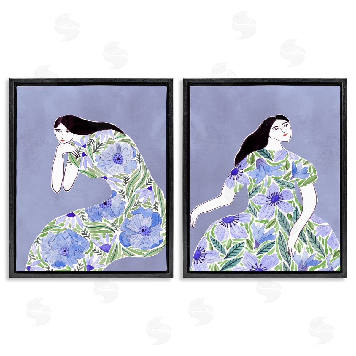 Floral Women on Purple Black Floating Frame Canvas Wall Art, Home Decor by Melissa Wang