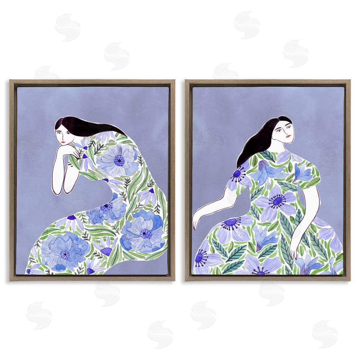 Floral Women on Purple Brown Floating Frame Canvas Wall Art, Home Decor by Melissa Wang