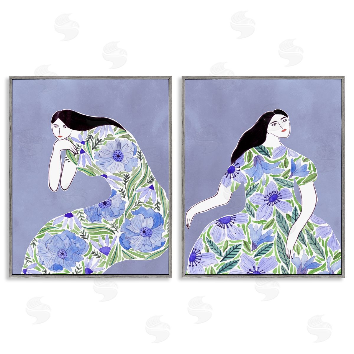 Floral Women on Purple Grey Frame Print Wall Art, Home Decor by Melissa Wang