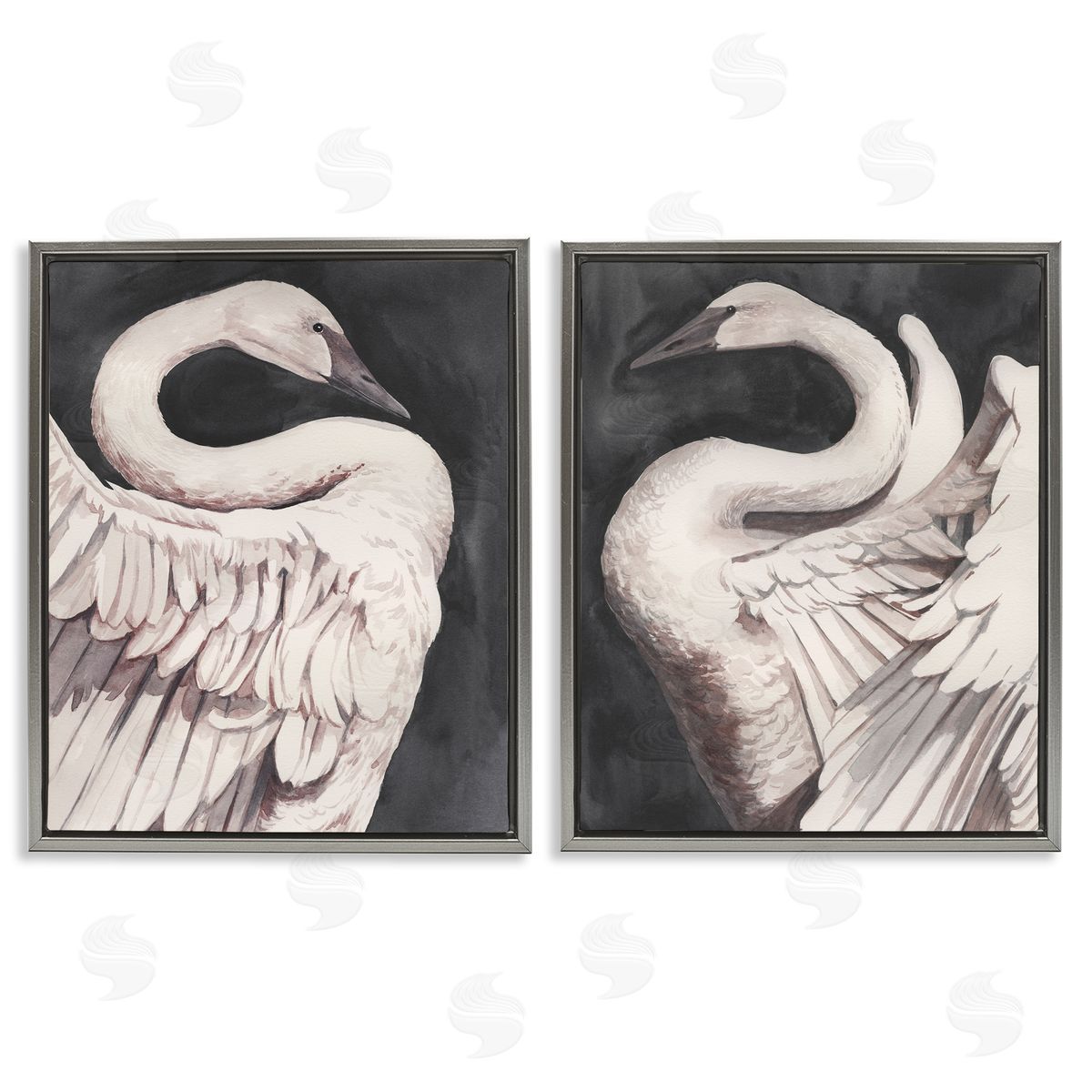 Swans Taking Flight Grey Floating Frame Canvas Wall Art, Home Decor by Grace Popp