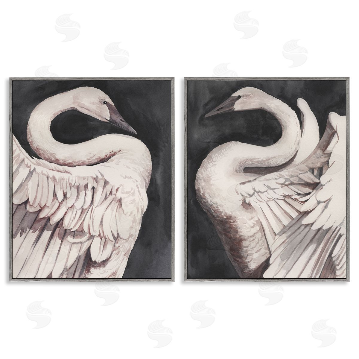 Swans Taking Flight Grey Frame Print Wall Art, Home Decor by Grace Popp