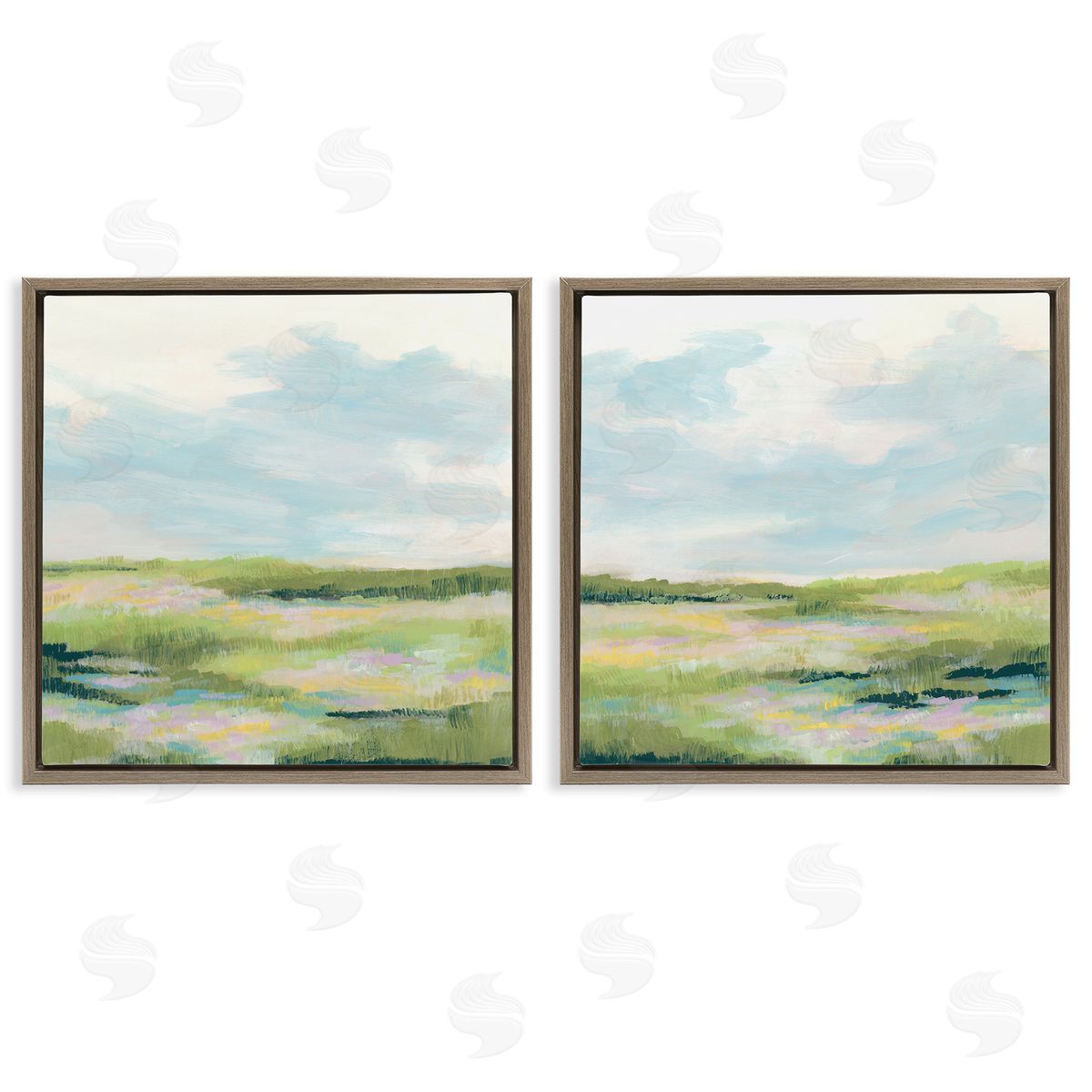 Pastel Meadow under Blue Sky Brown Floating Frame Canvas Wall Art, Home Decor by June Erica Vess