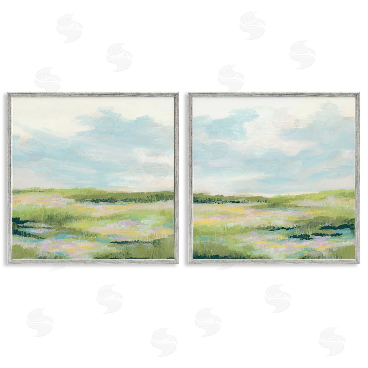Pastel Meadow under Blue Sky Grey Frame Print Wall Art, Home Decor by June Erica Vess