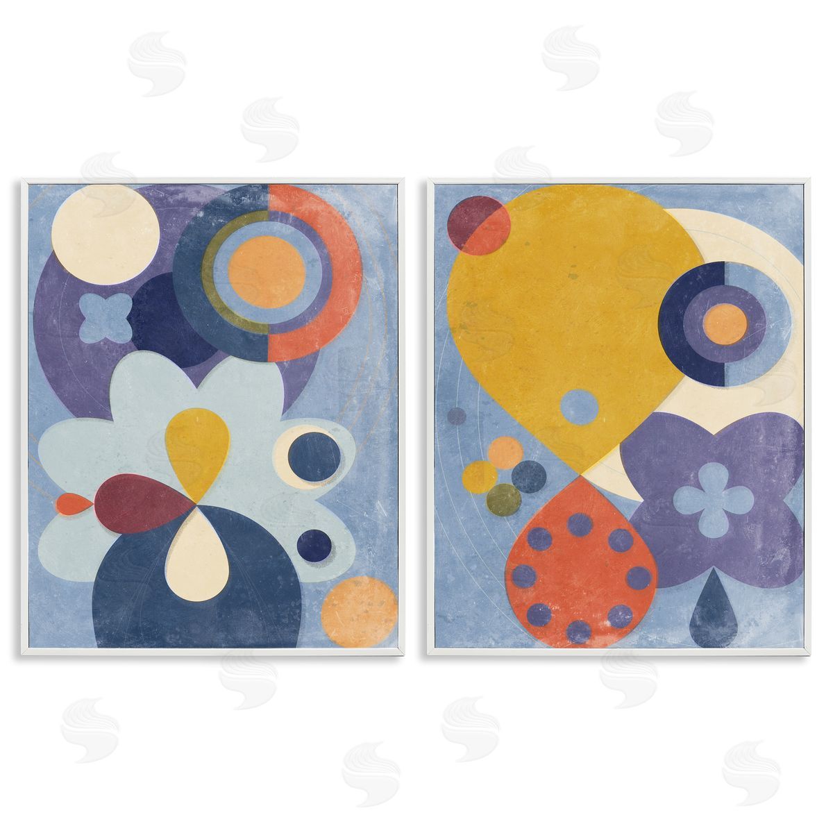 Retro Shapes on Blue White Frame Print Wall Art, Home Decor by Victoria Barnes