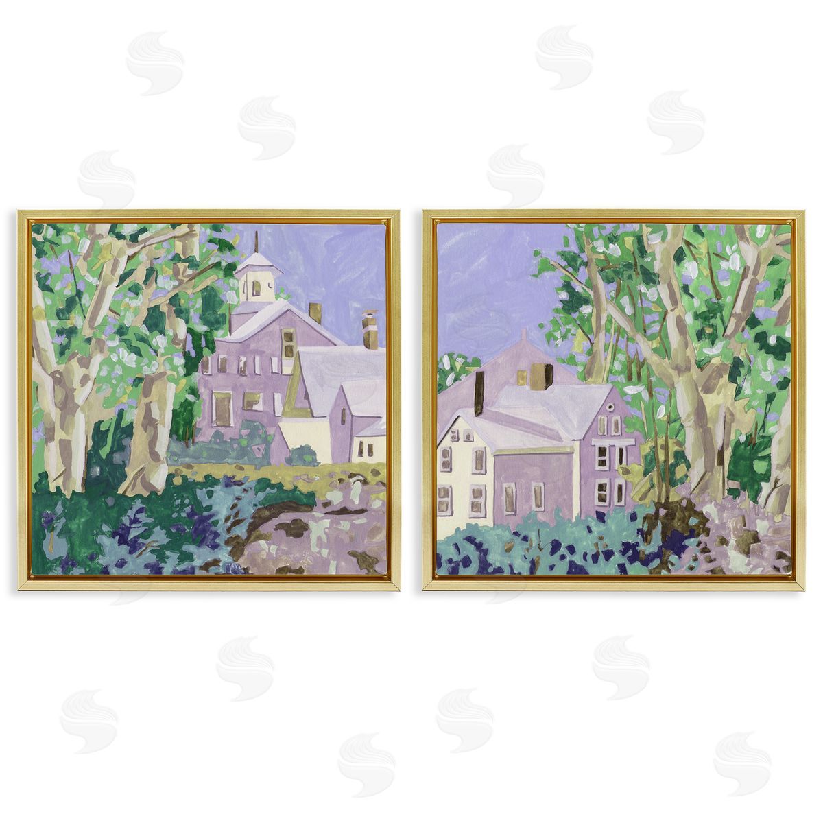 Quaint Scenic Houses Gold Floating Frame Canvas Wall Art, Home Decor by Melissa Wang