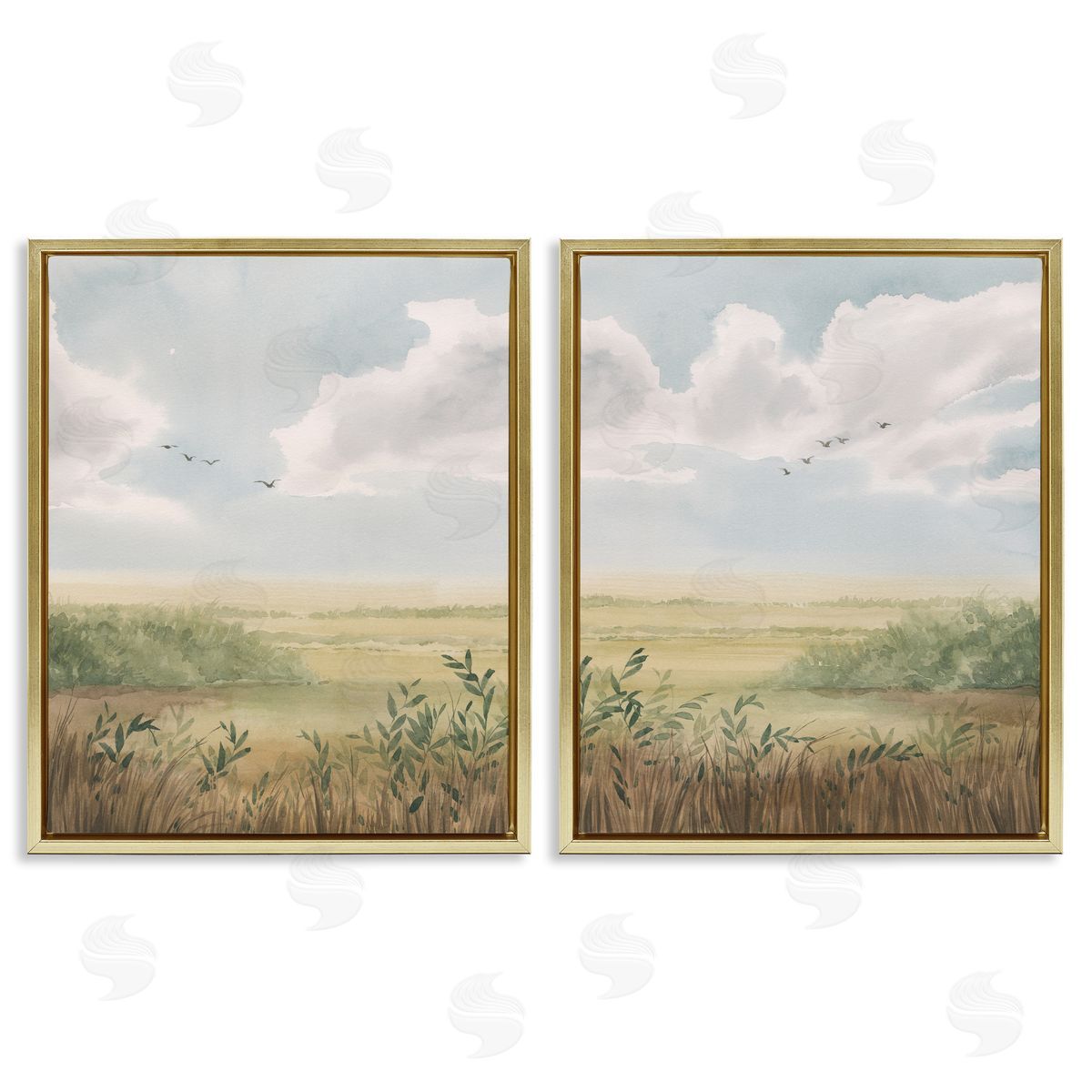 Birds over Country Pastures Gold Floating Frame Canvas Wall Art, Home Decor by Grace Popp