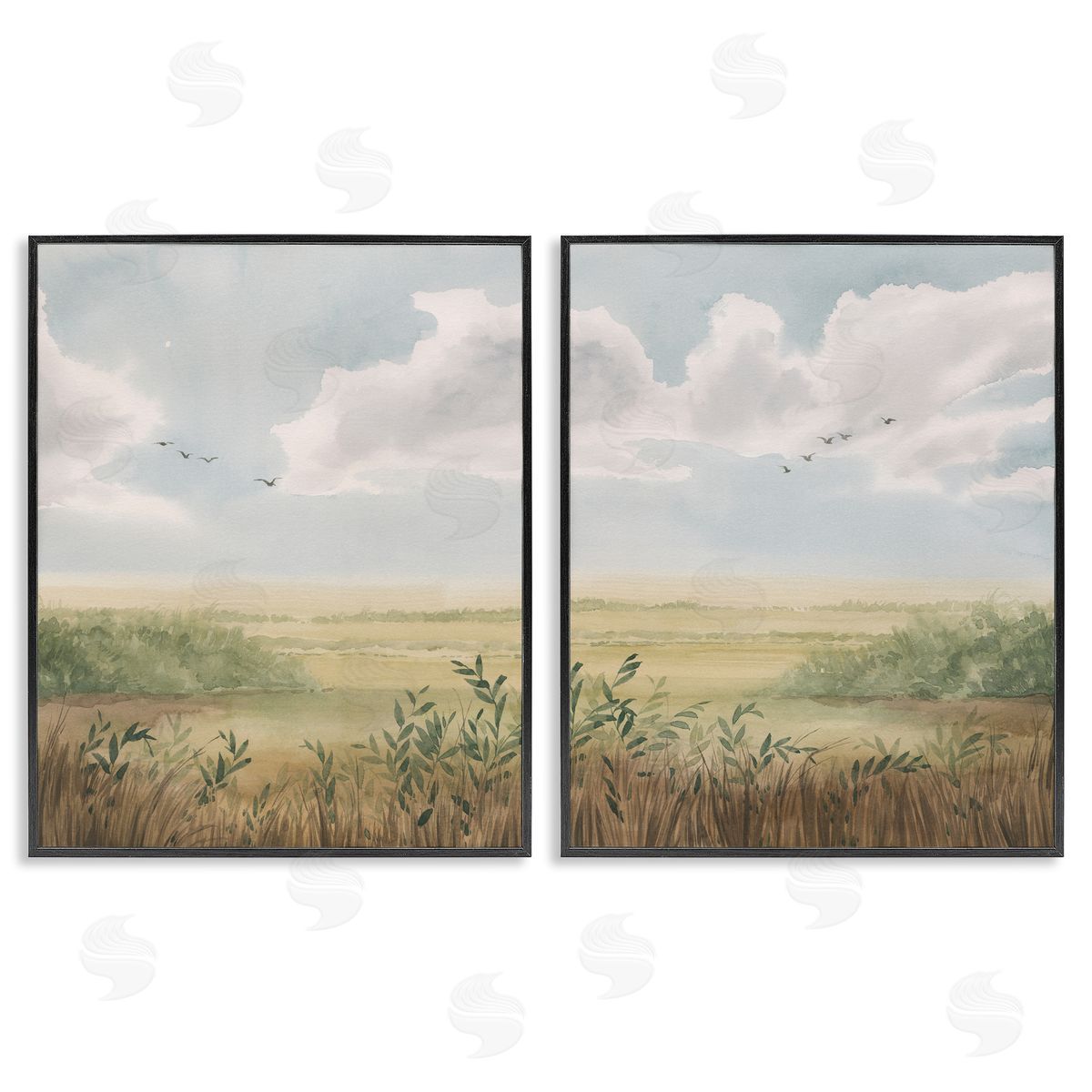 Birds over Country Pastures Black Frame Print Wall Art, Home Decor by Grace Popp