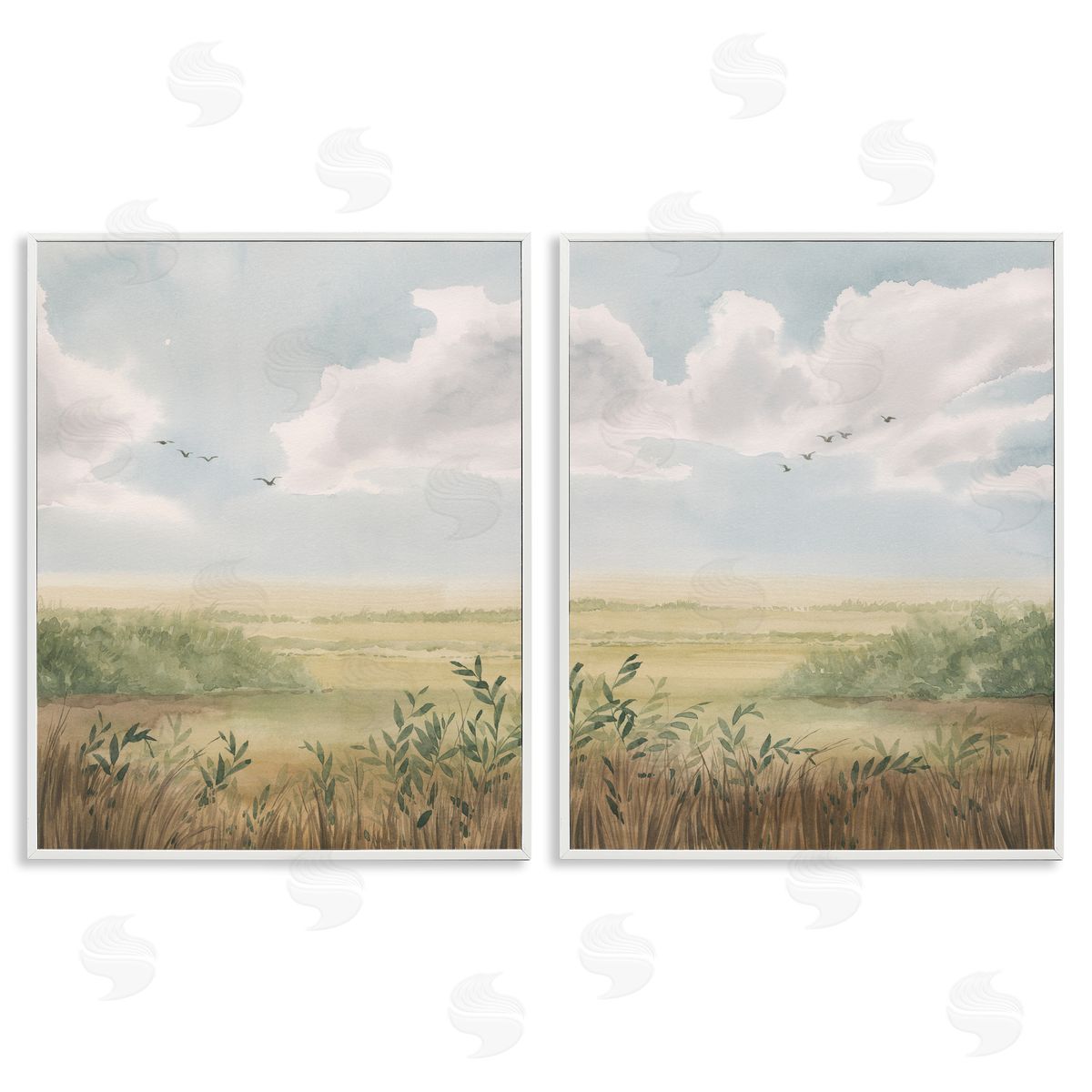 Birds over Country Pastures White Frame Print Wall Art, Home Decor by Grace Popp