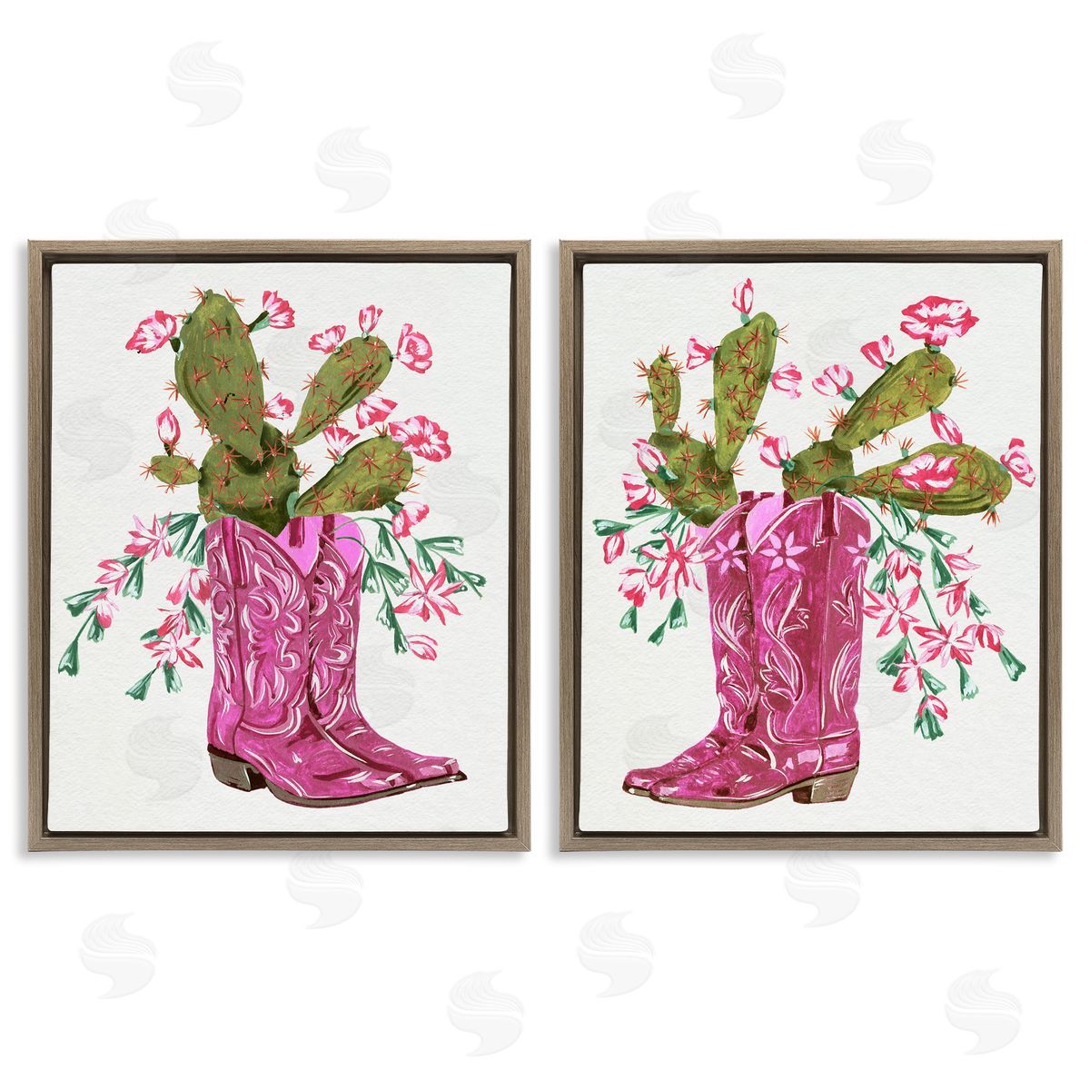 Cactus in Pink Cowgirl Boots Brown Floating Frame Canvas Wall Art, Home Decor by Melissa Wang