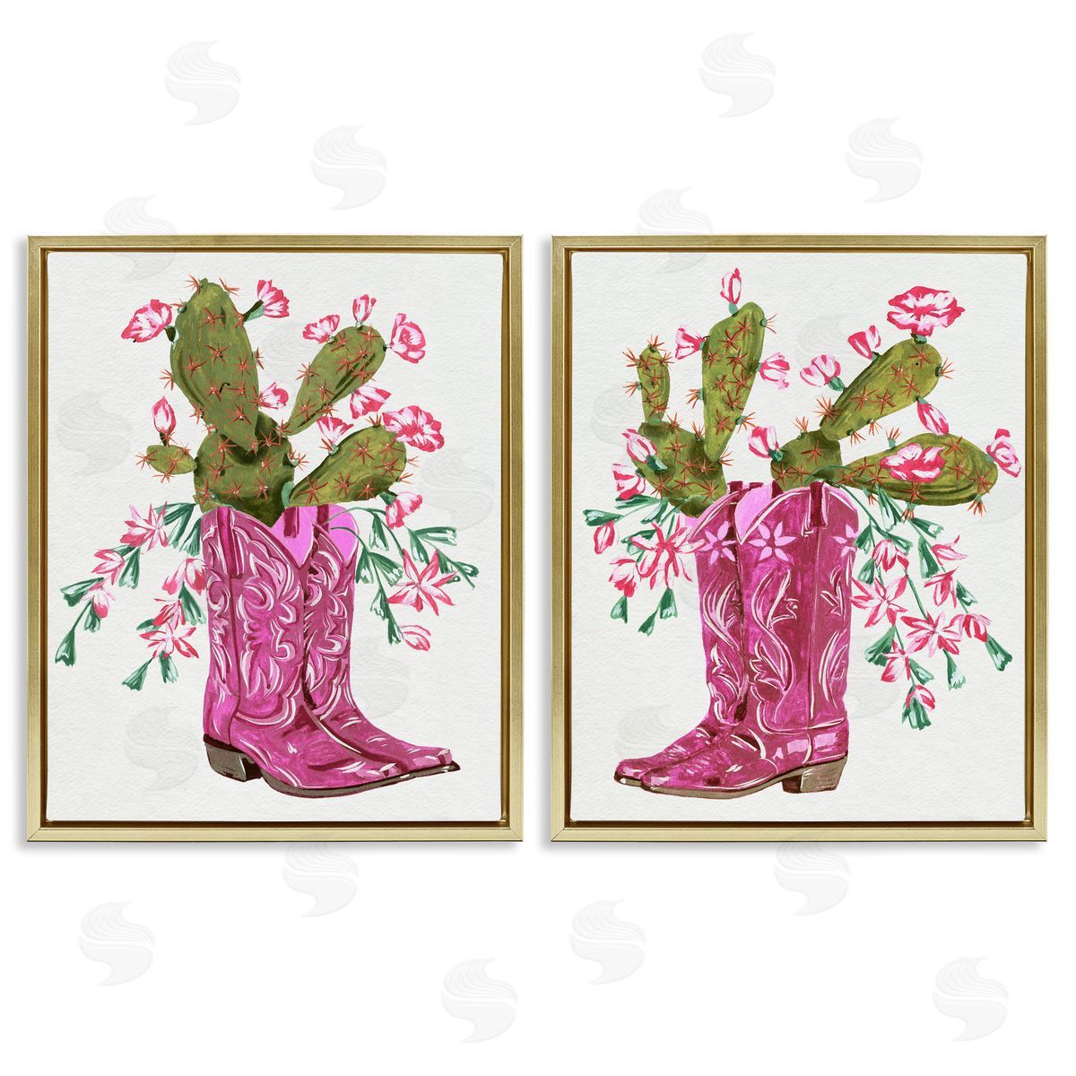 Cactus in Pink Cowgirl Boots Gold Floating Frame Canvas Wall Art, Home Decor by Melissa Wang