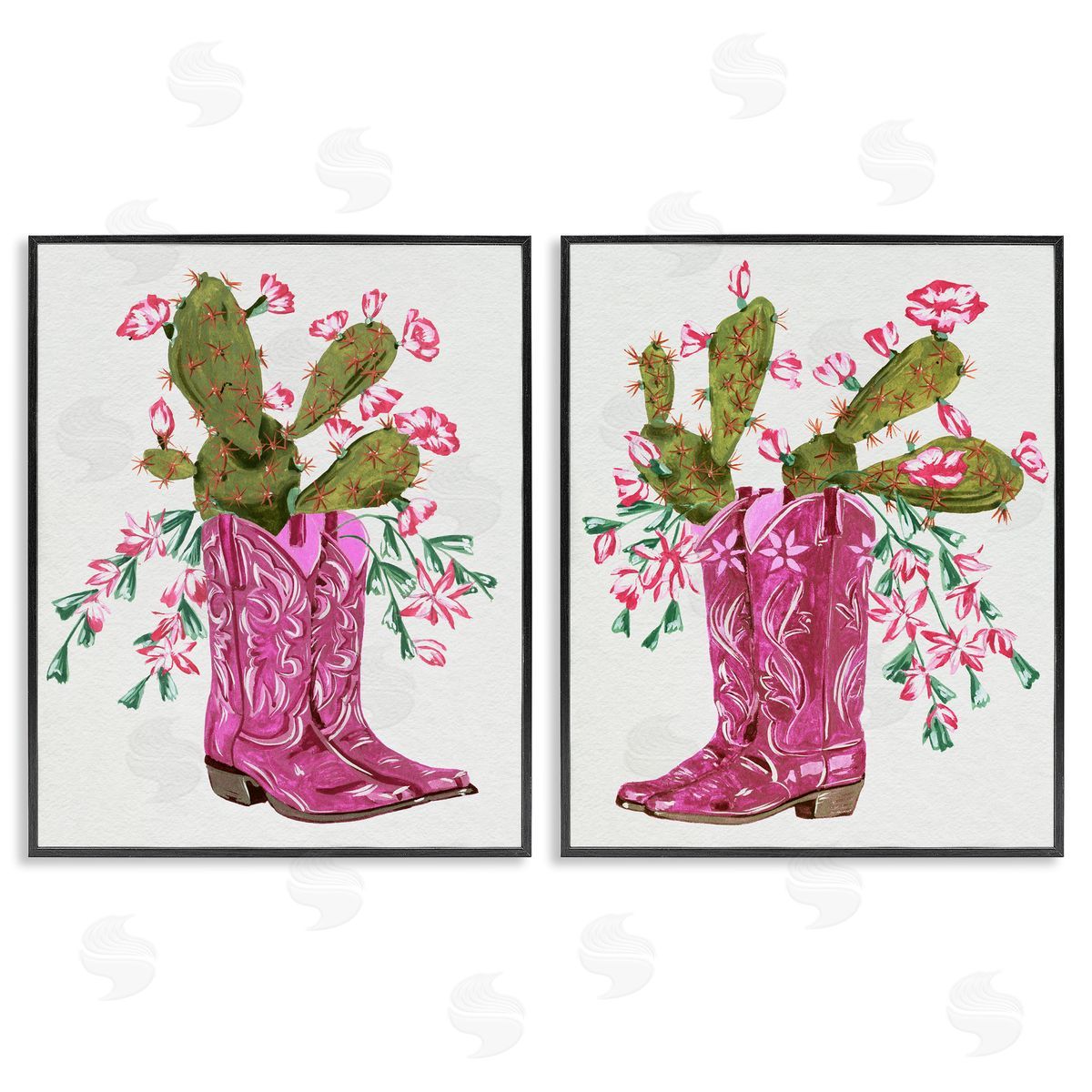 Cactus in Pink Cowgirl Boots Black Frame Print Wall Art, Home Decor by Melissa Wang