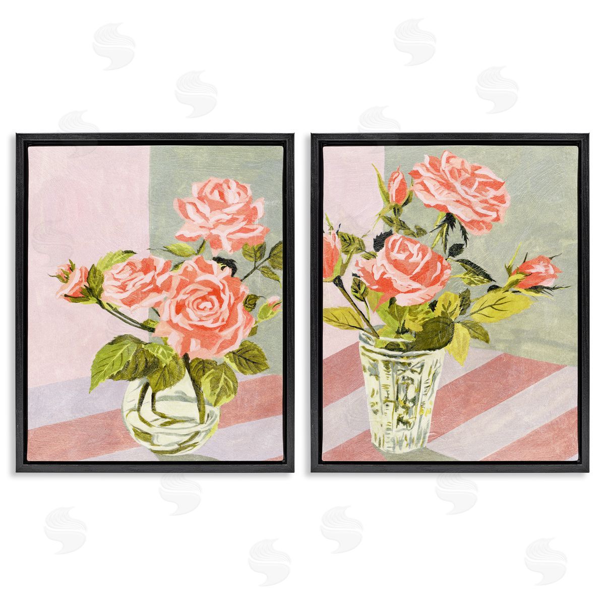 Pink Rose Bouquets in Glass Black Floating Frame Canvas Wall Art, Home Decor by Melissa Wang