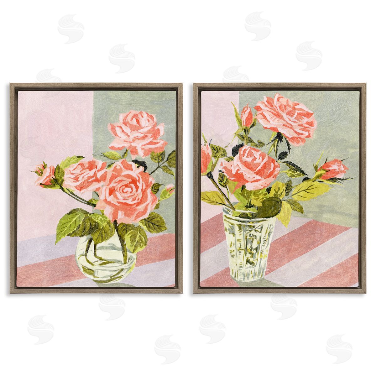 Pink Rose Bouquets in Glass Brown Floating Frame Canvas Wall Art, Home Decor by Melissa Wang