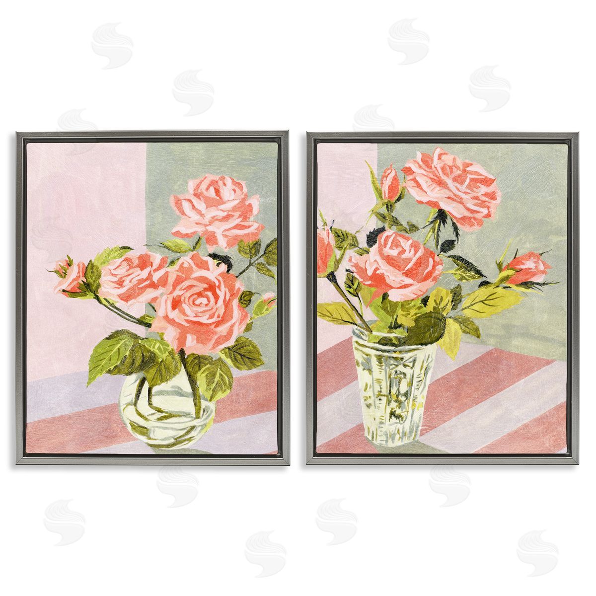 Pink Rose Bouquets in Glass Grey Floating Frame Canvas Wall Art, Home Decor by Melissa Wang