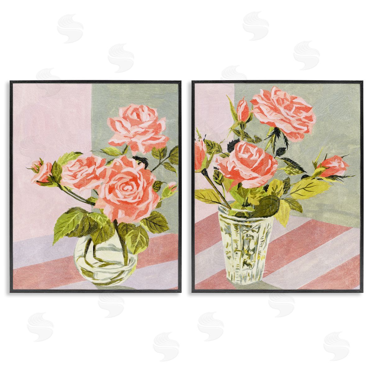 Pink Rose Bouquets in Glass Black Frame Print Wall Art, Home Decor by Melissa Wang