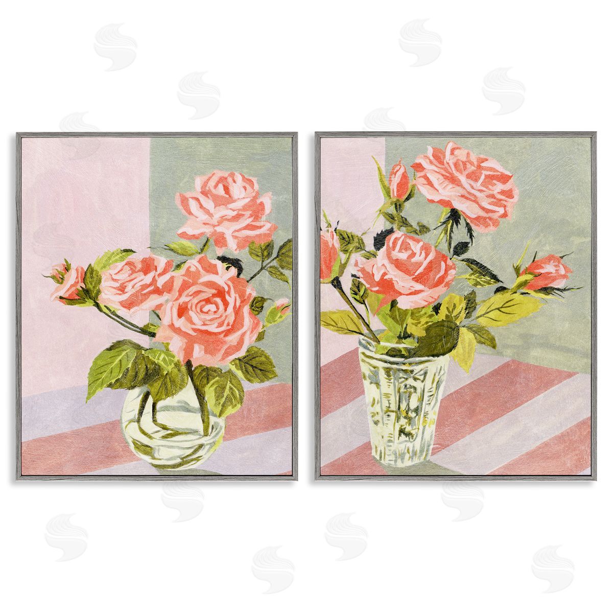 Pink Rose Bouquets in Glass Grey Frame Print Wall Art, Home Decor by Melissa Wang