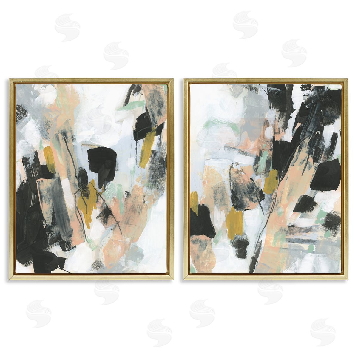 Black Splatter Abstractions Gold Floating Frame Canvas Wall Art, Home Decor by June Erica Vess