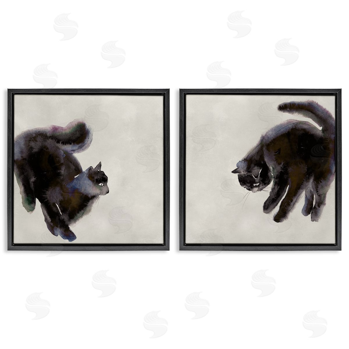 Fuzzy Black Cats on Beige Black Floating Frame Canvas Wall Art, Home Decor by Melissa Wang