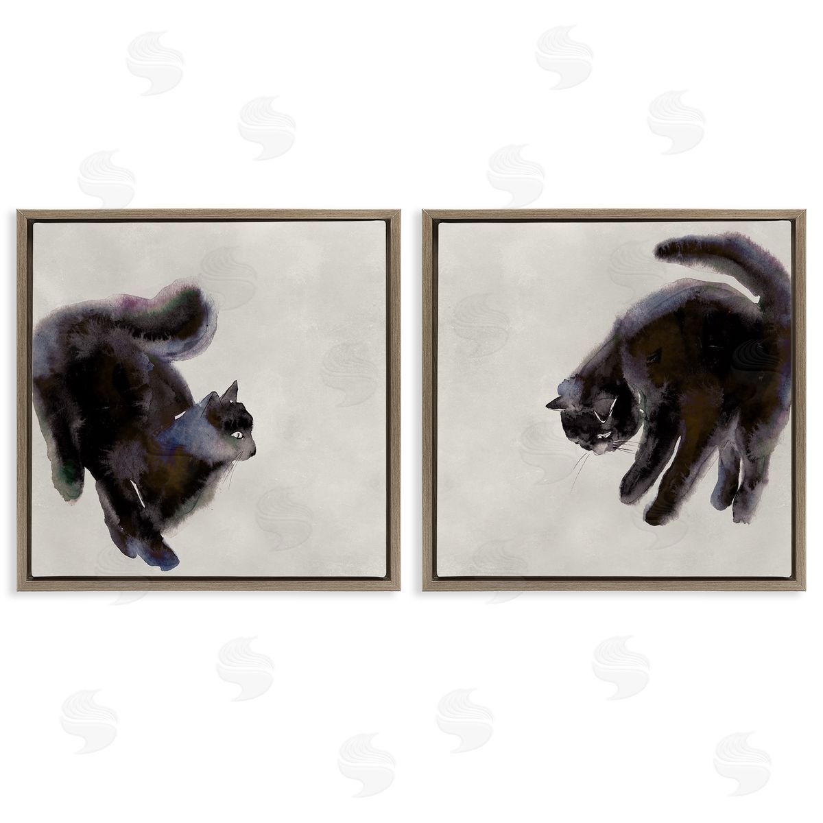Fuzzy Black Cats on Beige Brown Floating Frame Canvas Wall Art, Home Decor by Melissa Wang