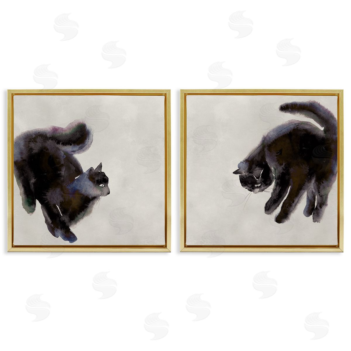 Fuzzy Black Cats on Beige Gold Floating Frame Canvas Wall Art, Home Decor by Melissa Wang