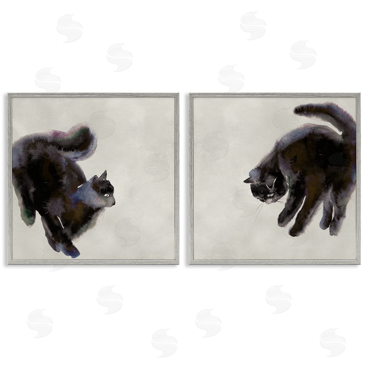 Fuzzy Black Cats on Beige Grey Frame Print Wall Art, Home Decor by Melissa Wang