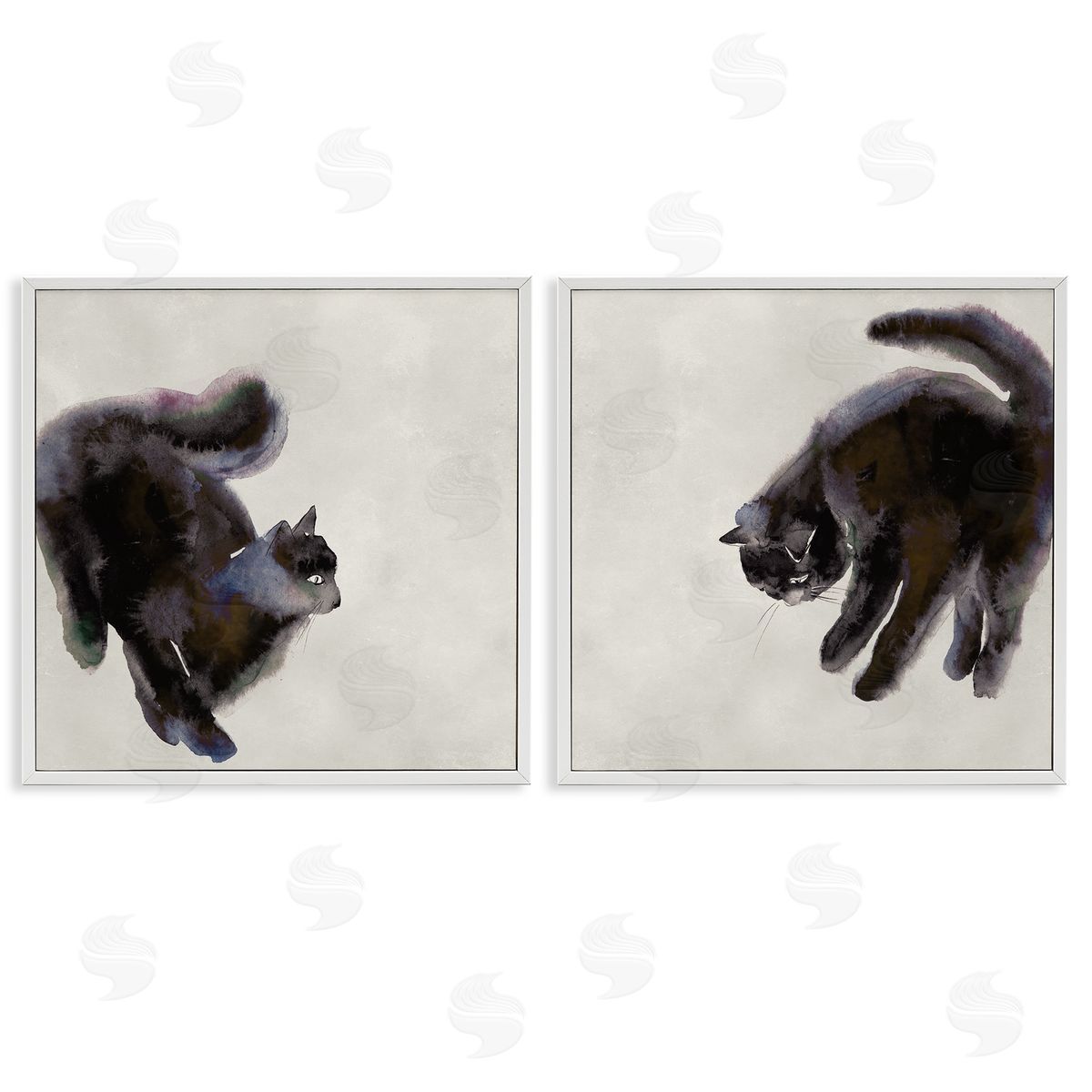 Fuzzy Black Cats on Beige White Frame Print Wall Art, Home Decor by Melissa Wang
