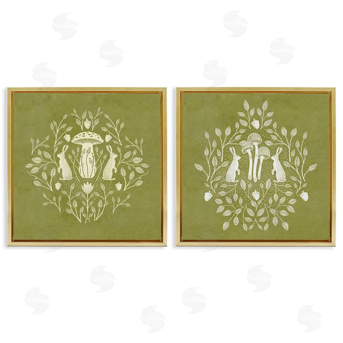 Boho Bunnies & Mushrooms Gold Floating Frame Canvas Wall Art, Home Decor by Katie O'Shea