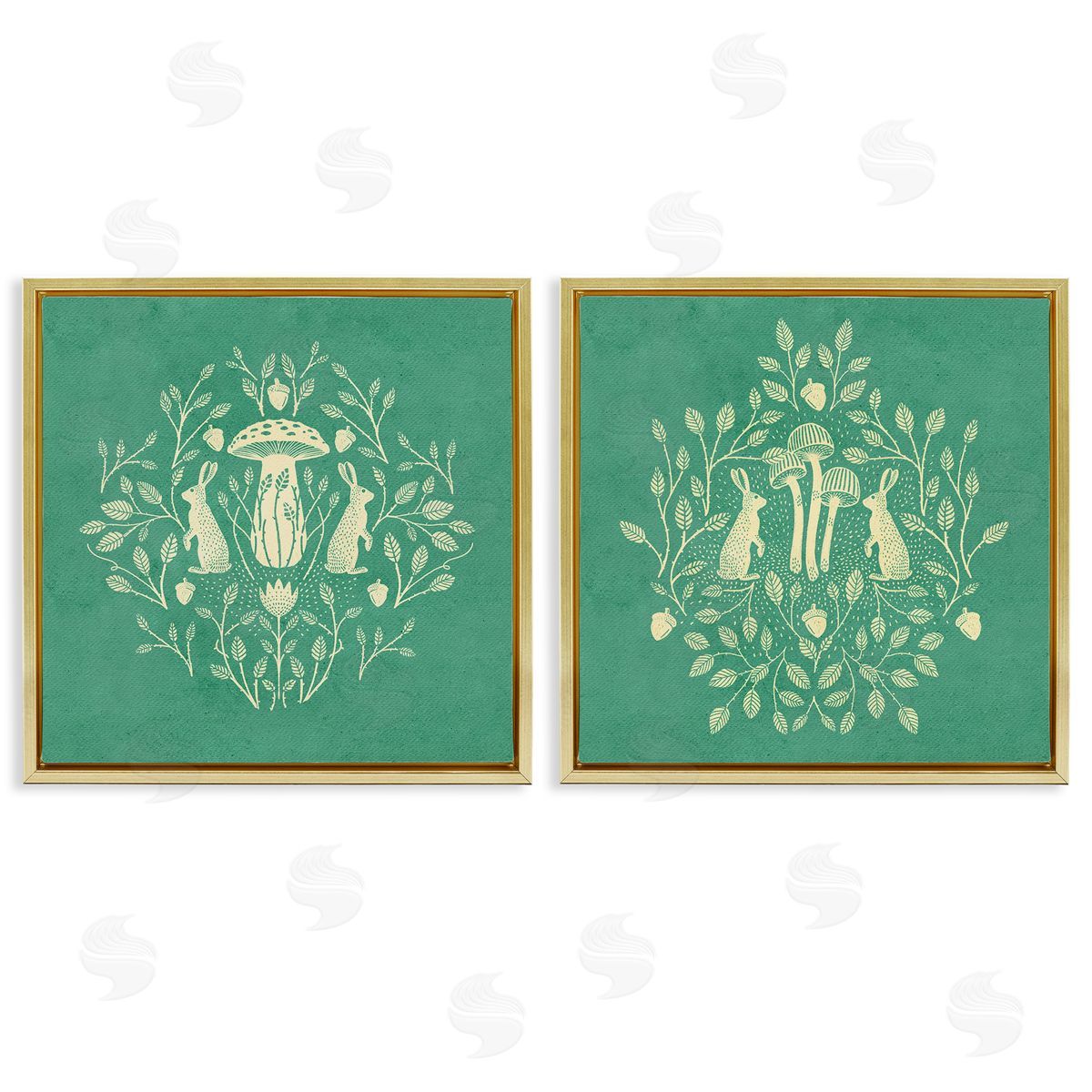 Boho Symmetrical Rabbits Gold Floating Frame Canvas Wall Art, Home Decor by Katie O'Shea