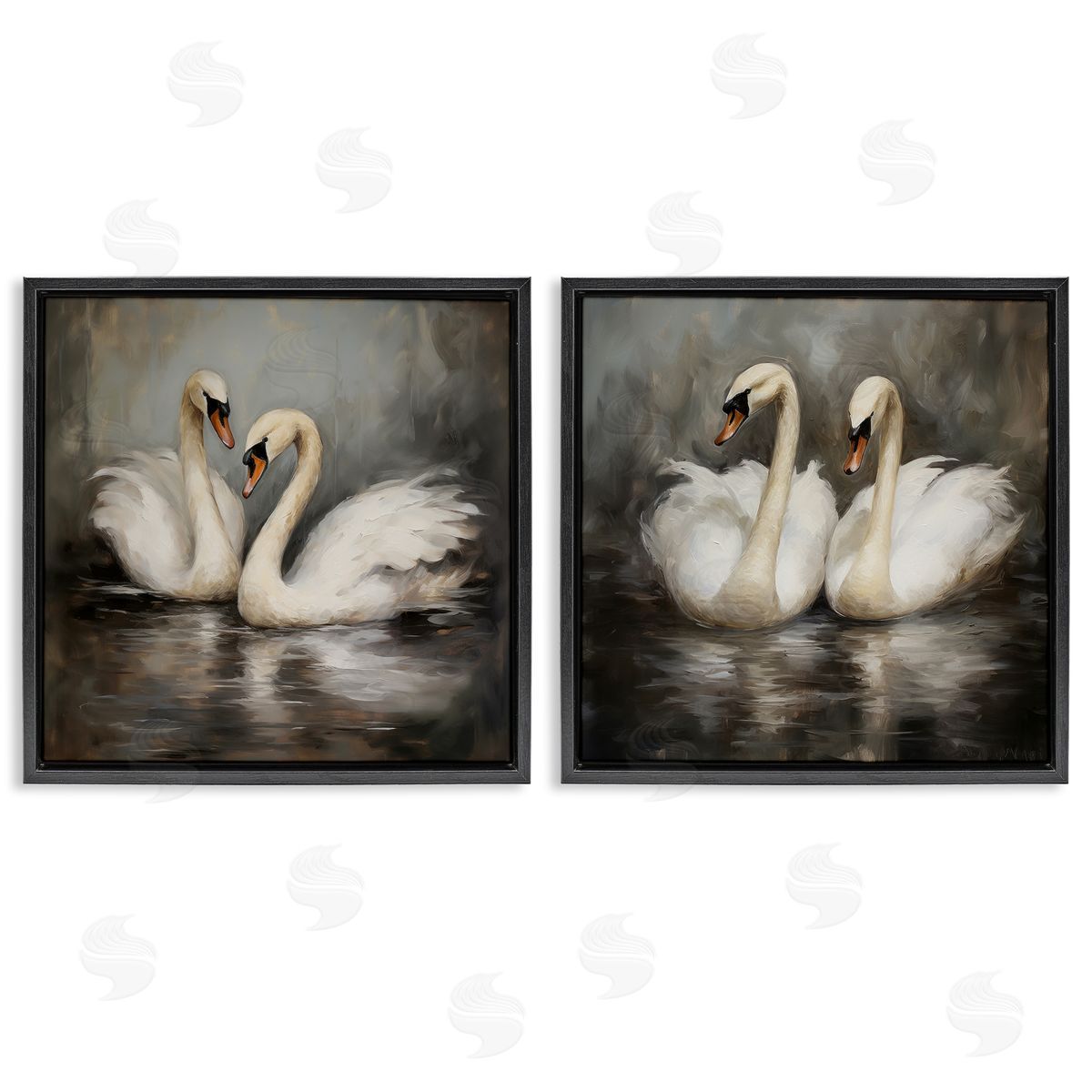 Twin Swans with Reflections Black Floating Frame Canvas Wall Art, Home Decor by Novae