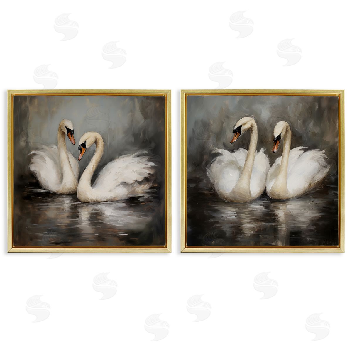 Twin Swans with Reflections Gold Floating Frame Canvas Wall Art, Home Decor by Novae