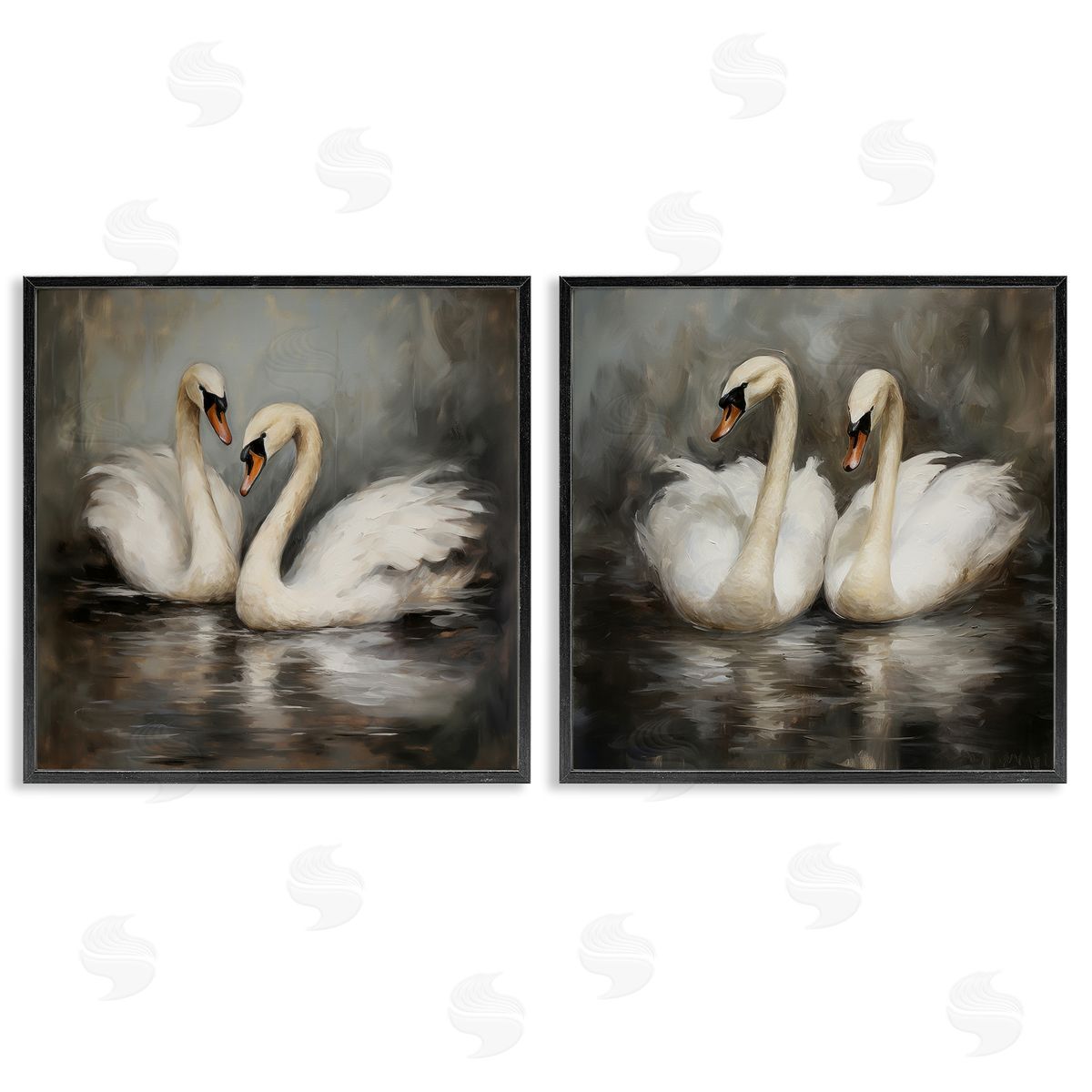 Twin Swans with Reflections Black Frame Print Wall Art, Home Decor by Novae