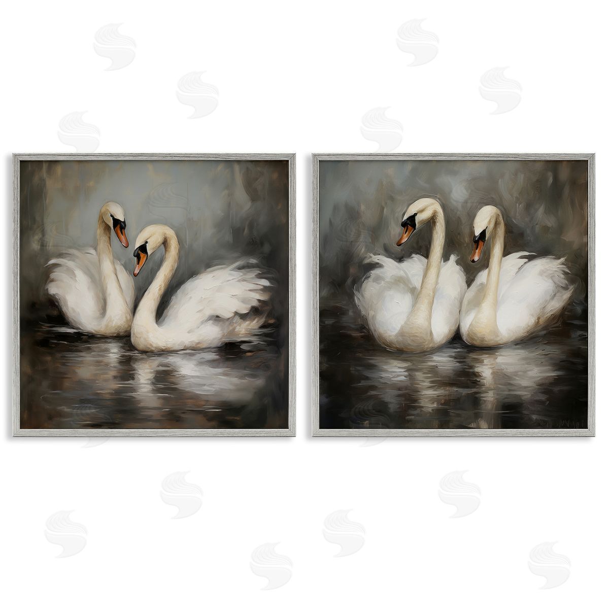 Twin Swans with Reflections Grey Frame Print Wall Art, Home Decor by Novae